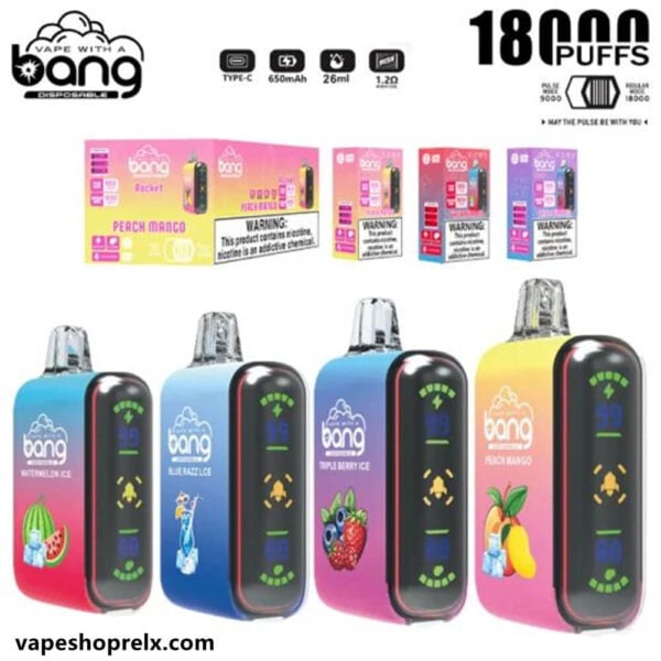 Bang Rocket 18000口一次性電子煙｜可充電拋棄式霧化棒｜多種口味｜全新側面顯示